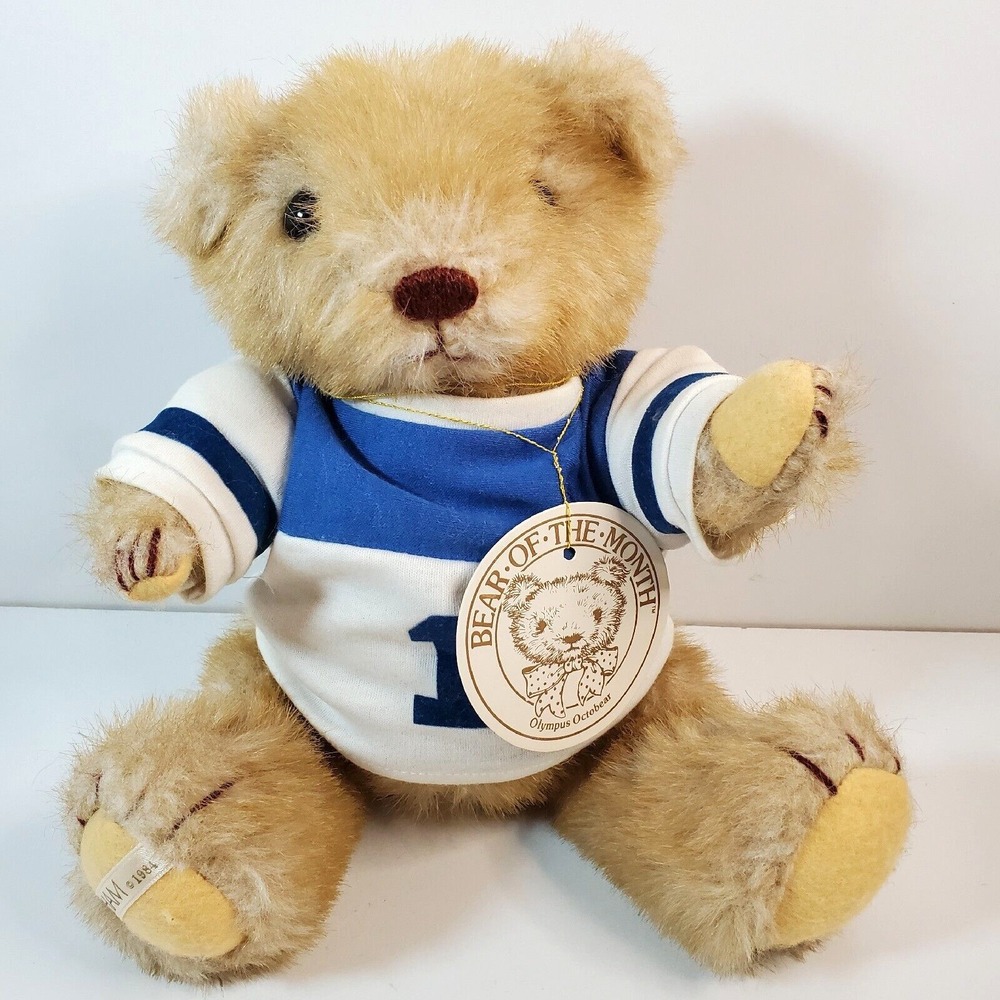 Vintage 1984 GORHAM Plush Bear Of The Month Jointed Olympus Octobear Jersey Tag